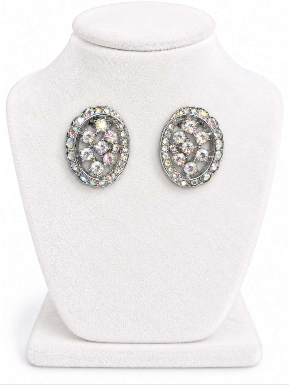 Silver-Tone AB Crystal Rhinestone Oval Statement Clip-On Earrings